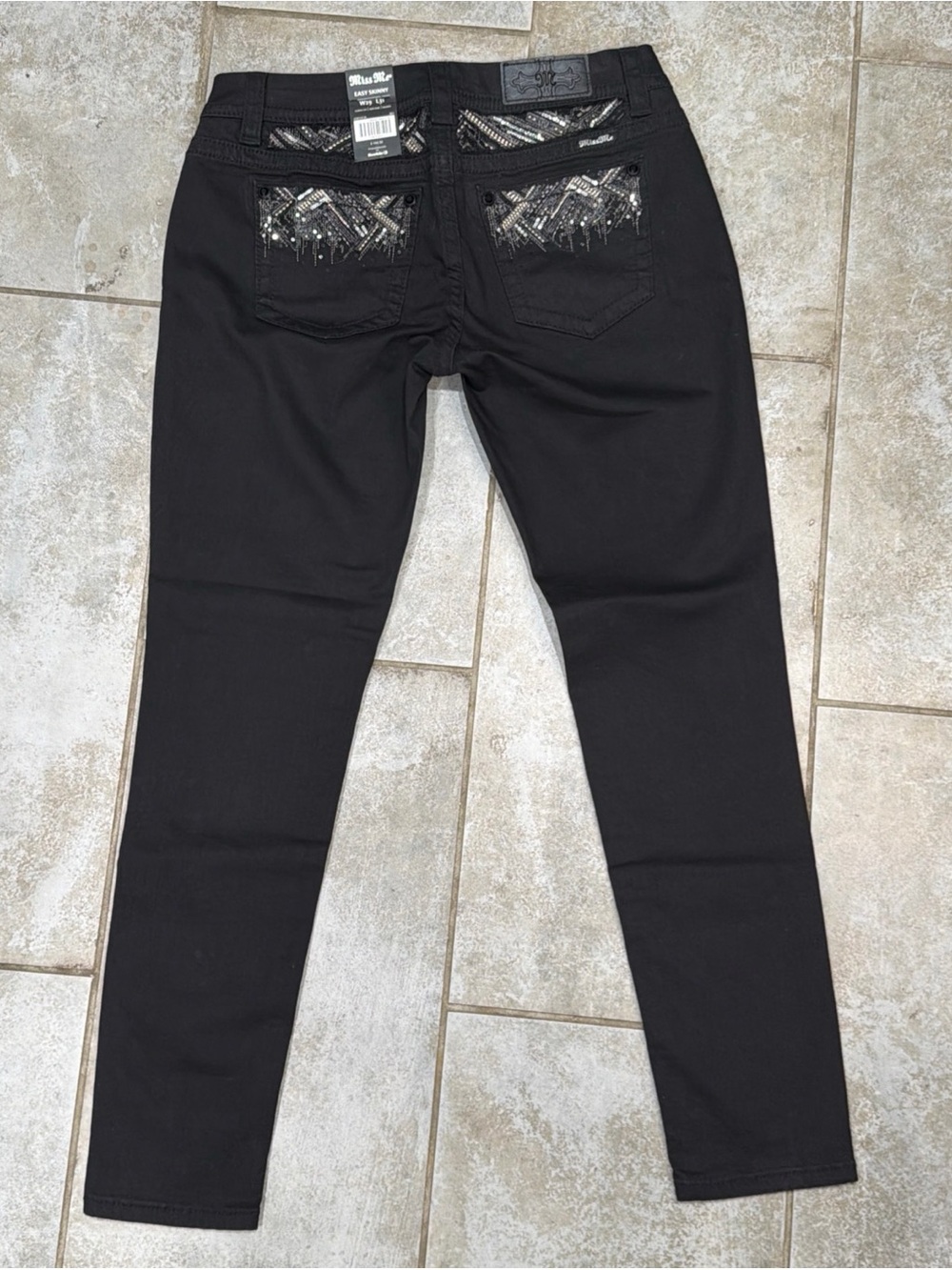 NWT Miss Me Jeans Easy Skinny Black Sequined Size W29 L31 Buckle Mid-rise